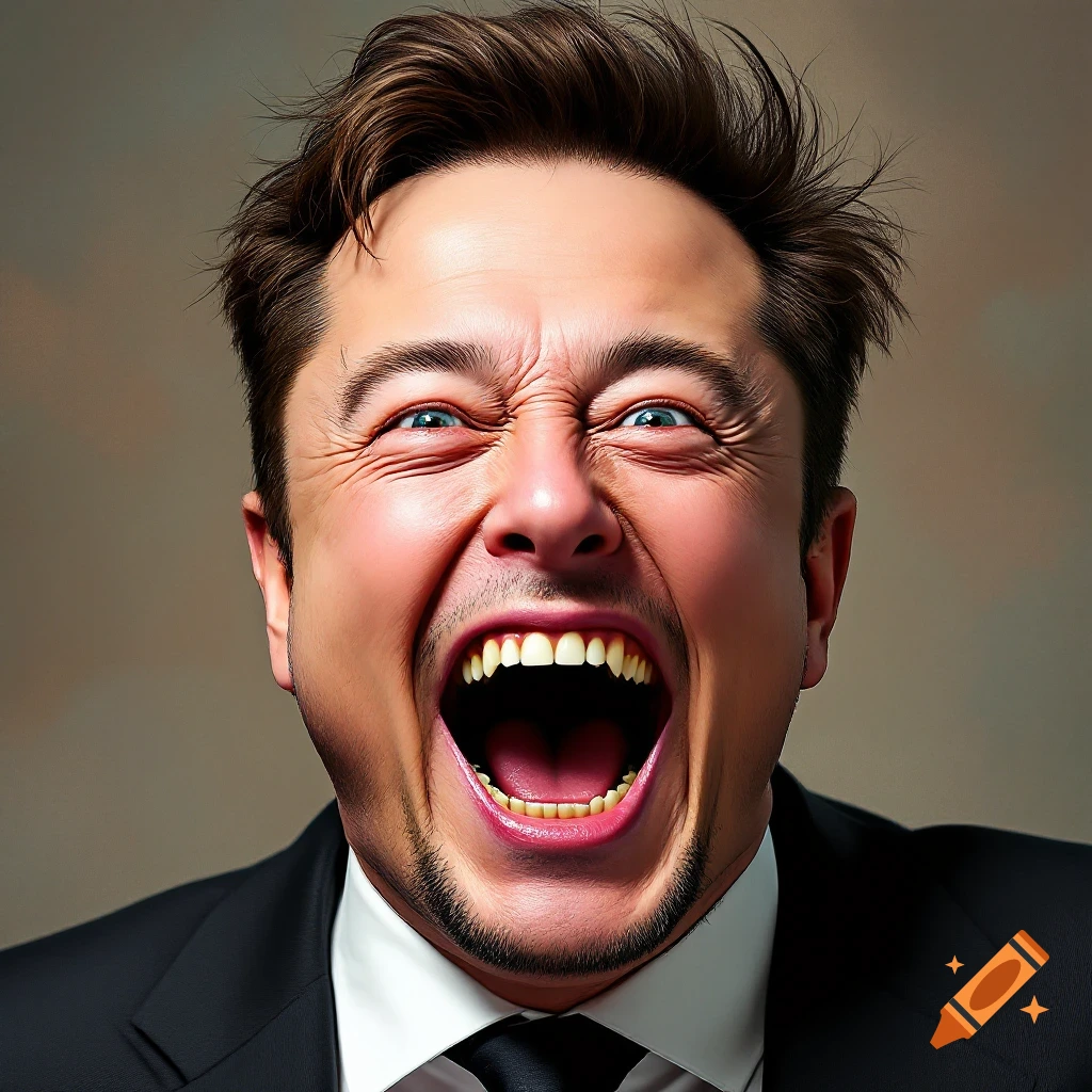 Close-up portrait of Elon Musk yelling with wide open mouth.