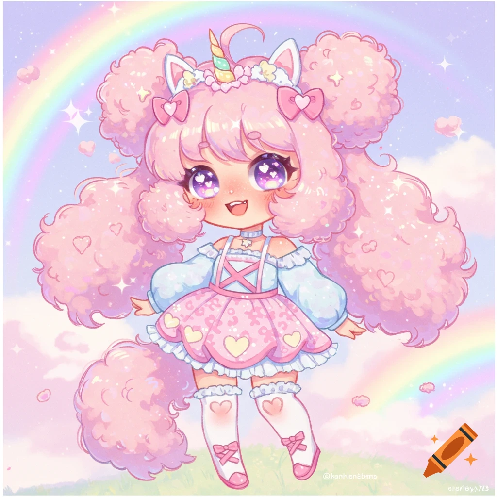 Cute anime character with pink unicorn hair, a pink dress, and rainbow in sky.