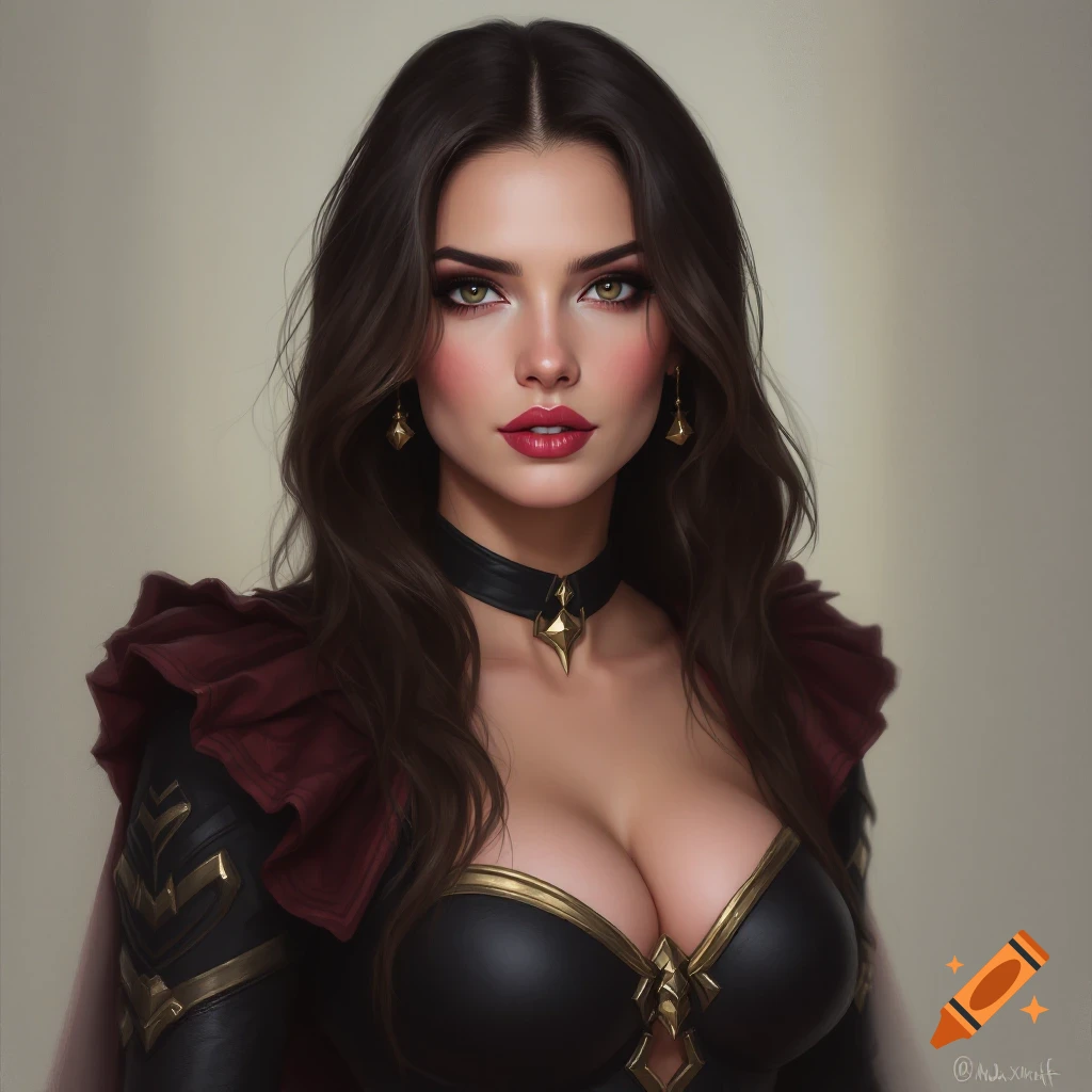 A portrait of a woman in a black and gold fantasy outfit with a red ruffled collar and dark hair.