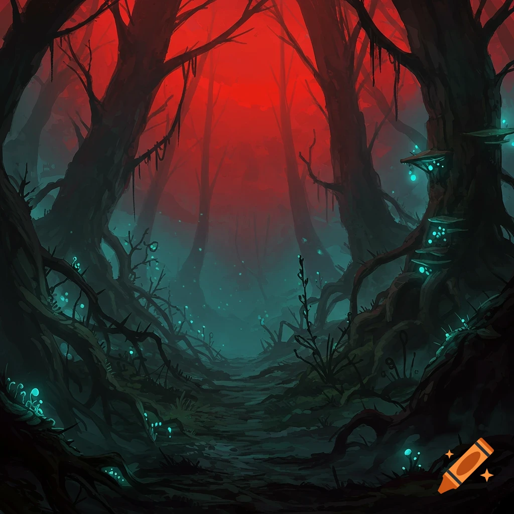 A dark fantasy forest with glowing blue plants and a red sky.