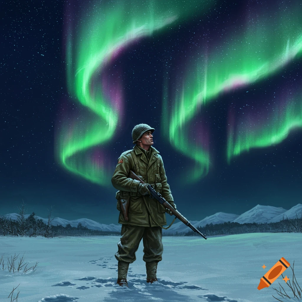A WW2 American soldier standing in a snowy field under the northern lights.