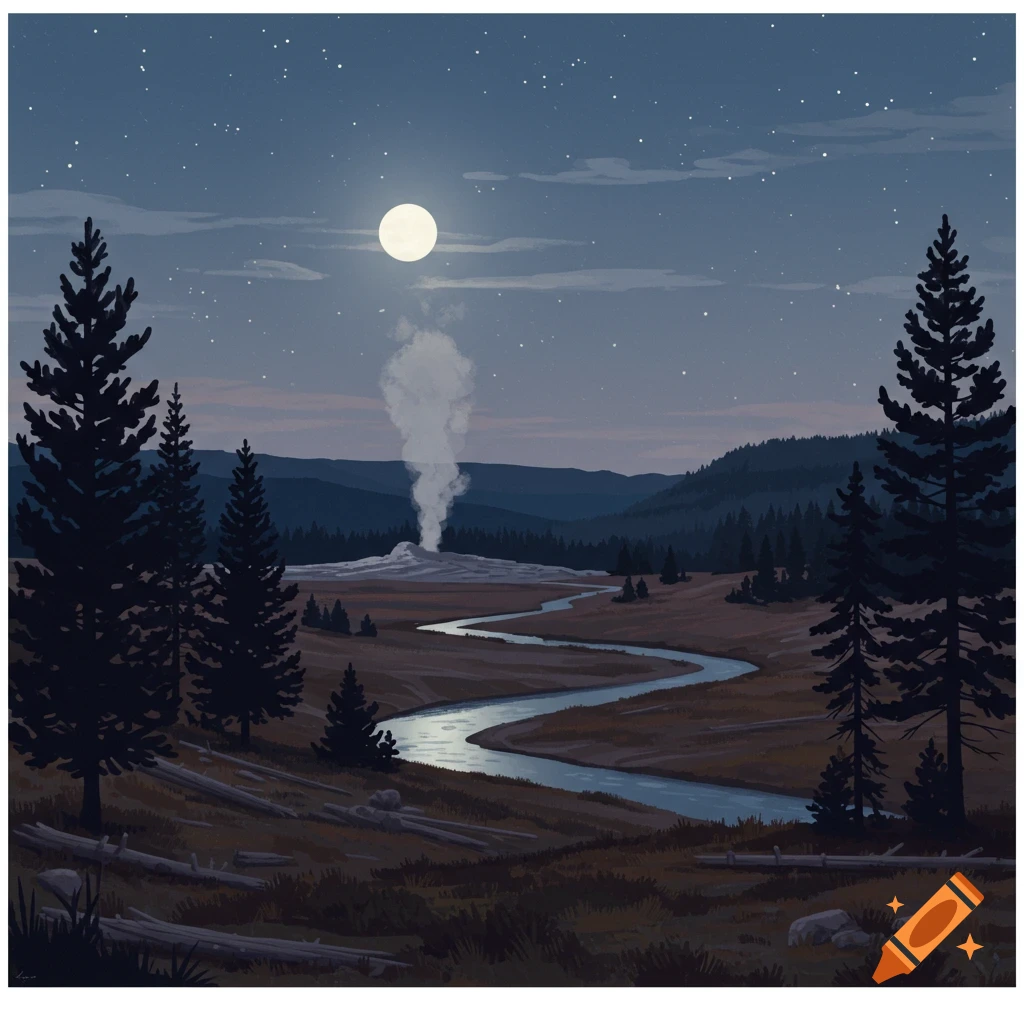 A geyser erupts under a full moon and stars in a moonlit valley landscape.