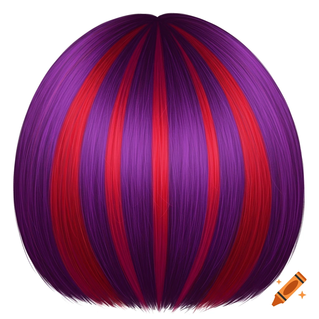 Straight hair or wig with bold purple and red stripes