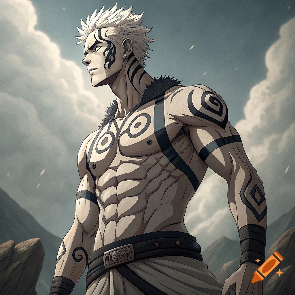 Anime character with white hair and black tattoos standing in a rocky landscape under a cloudy sky.