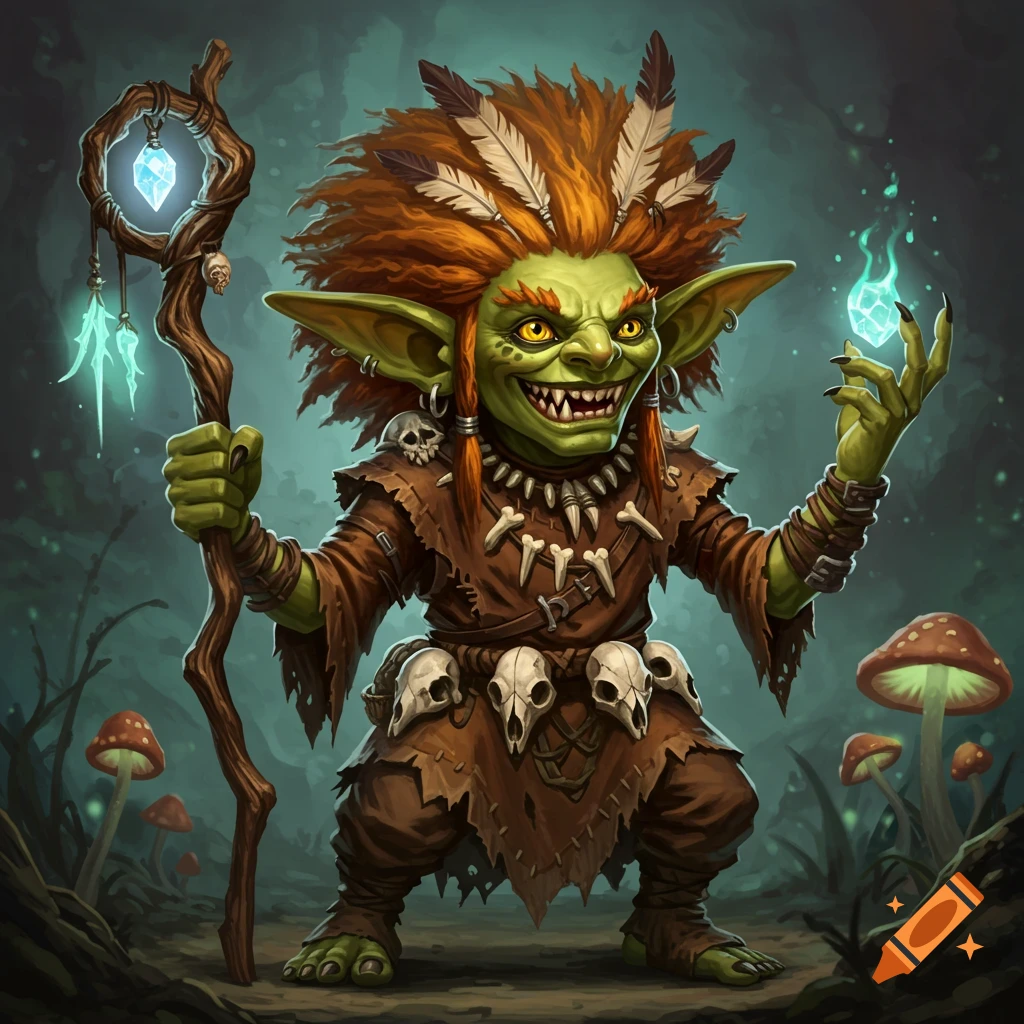 A goblin shaman in a forest, holding a glowing crystal staff and another crystal.