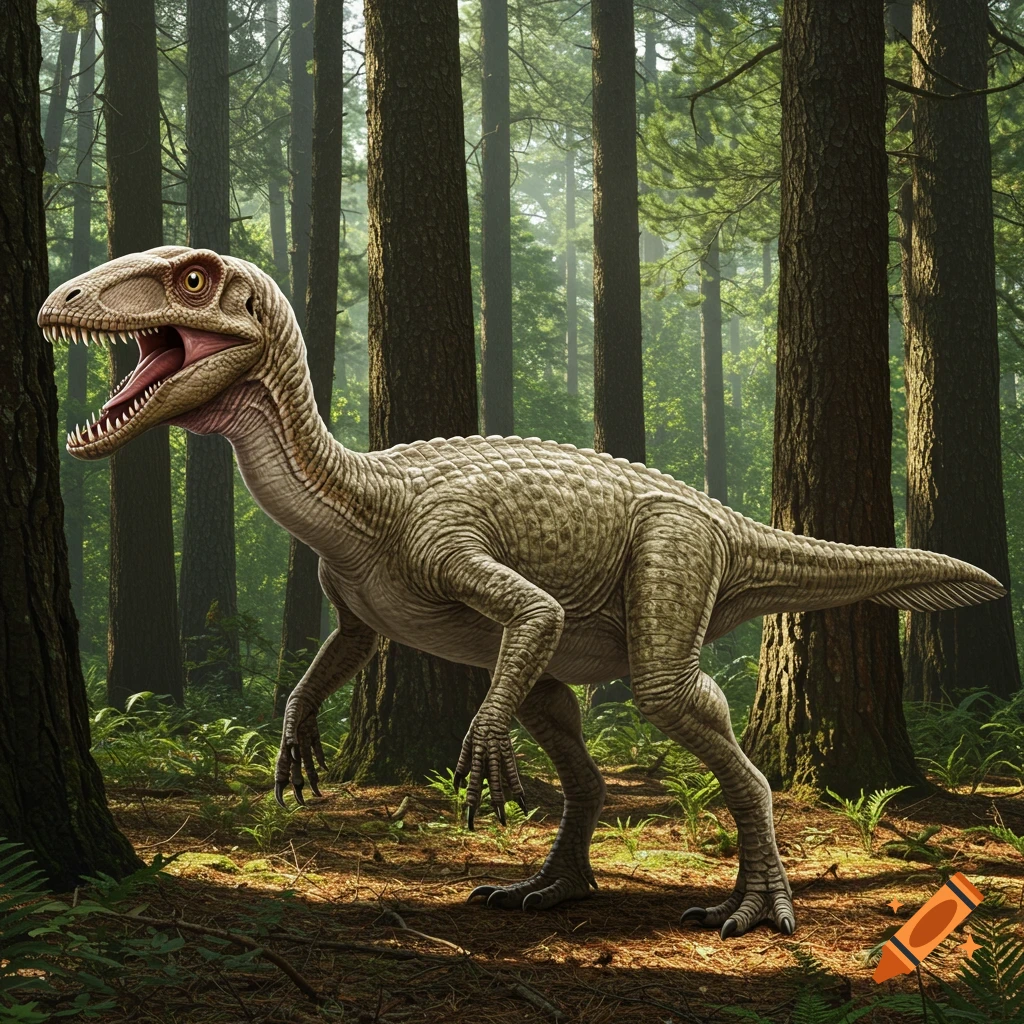A dinosaur-like creature stands in a forest.