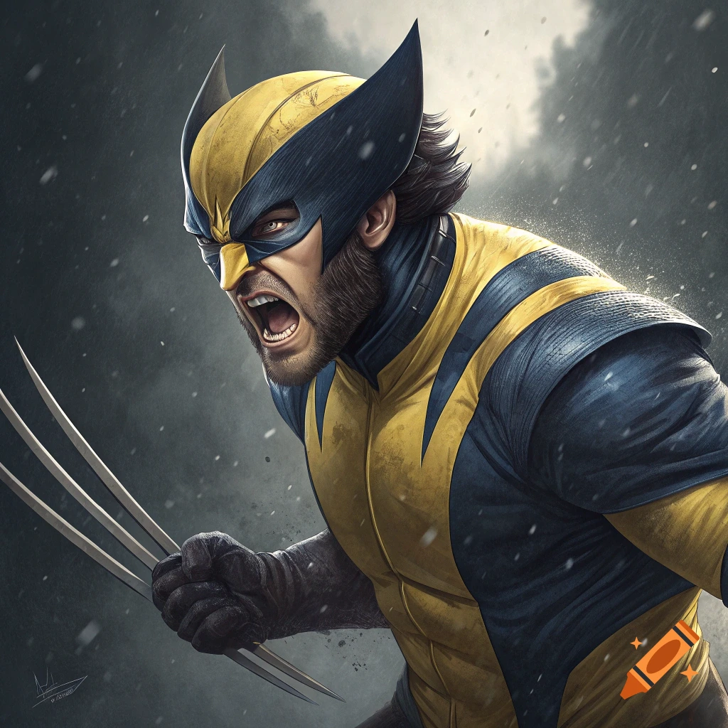 Illustration of Wolverine with claws extended, yelling in a snowy environment.