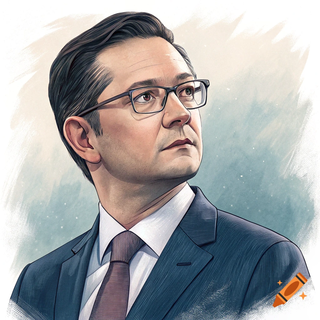 Illustration of Pierre Poilievre in a suit and glasses looking up.