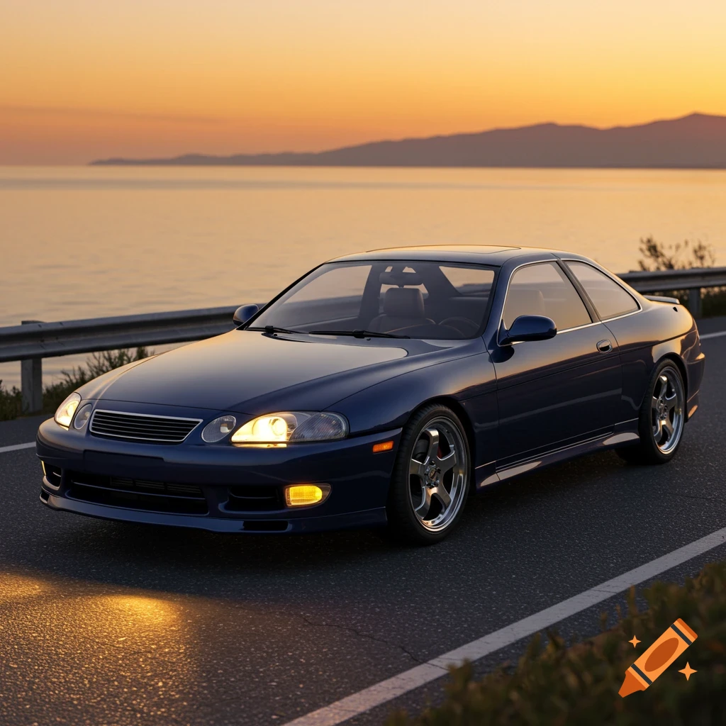 A blue Lexus SC300 coupe drives on a coastal road at sunset.