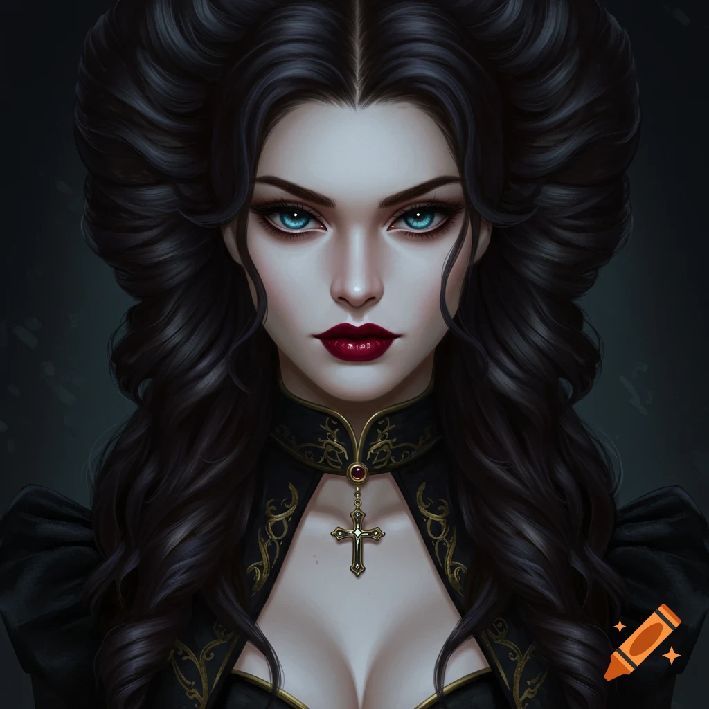 A portrait of a stunning woman with dark hair, red lips, blue eyes, wearing a black gothic dress with a cross necklace.