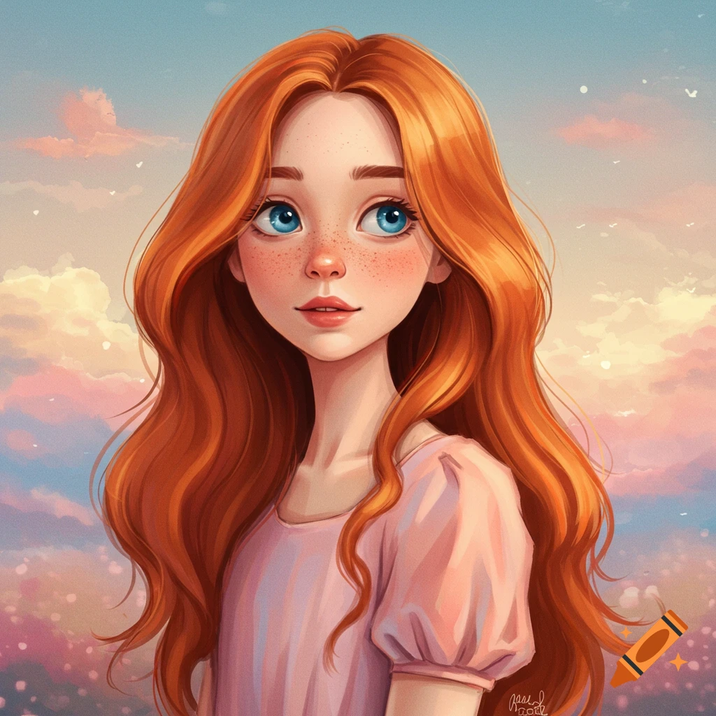 A red-haired girl with freckles against a colorful cloudy sky.