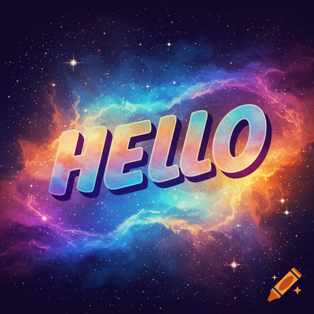 The word HELLO rendered in 3D in a colorful space background with stars.