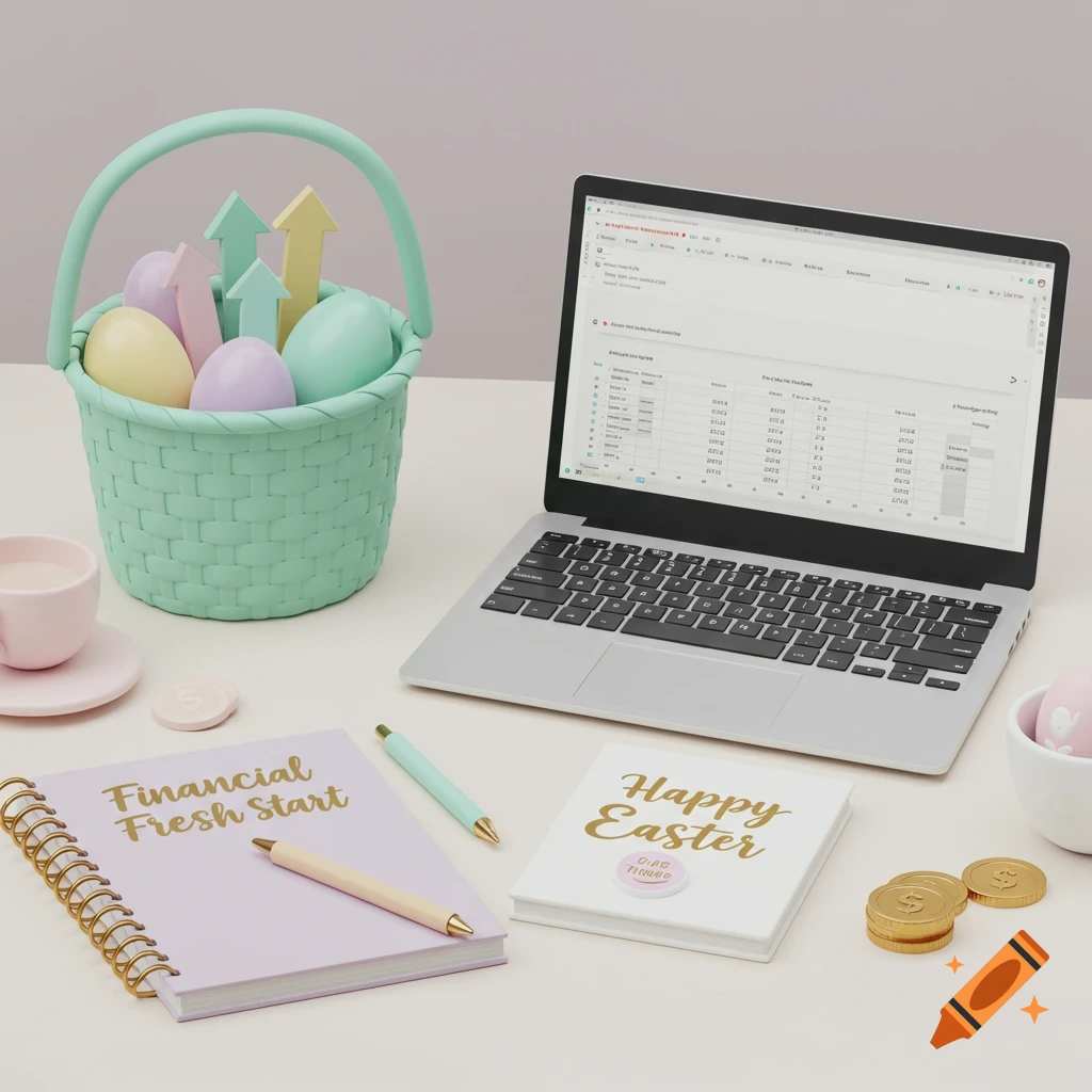 3D render of an Easter-themed workspace with an Easter basket, laptop, notebooks, pens, coins, and a cup.