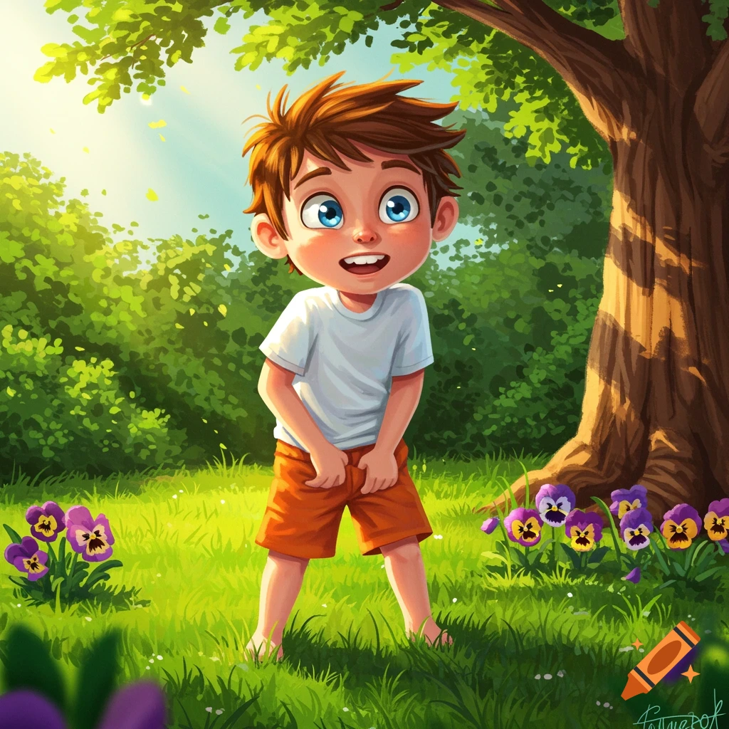 A cartoon image of a smiling boy standing in a sunny park with his hands near his shorts, surrounded by grass and flowers.