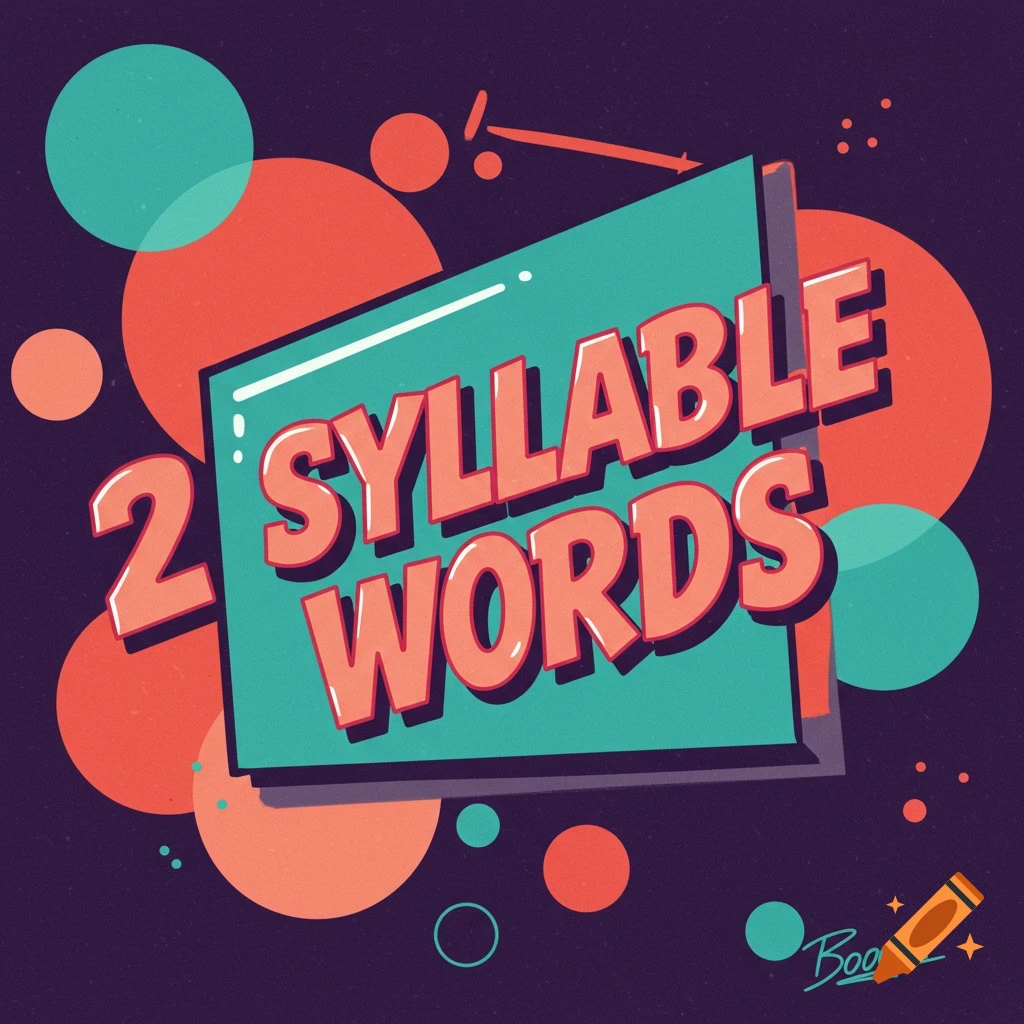 Retro style graphic design of a sign that reads '2 SYLLABLE WORDS', surrounded by colorful circles.