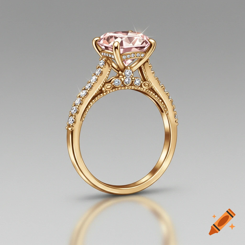 Gold engagement ring with a pink radiant cut stone and diamond accents on a grey background with reflection