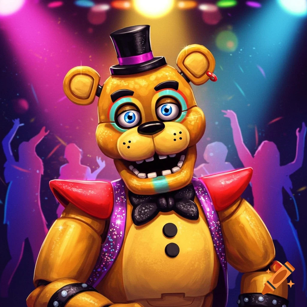 Golden animatronic bear in a shiny outfit at a disco party