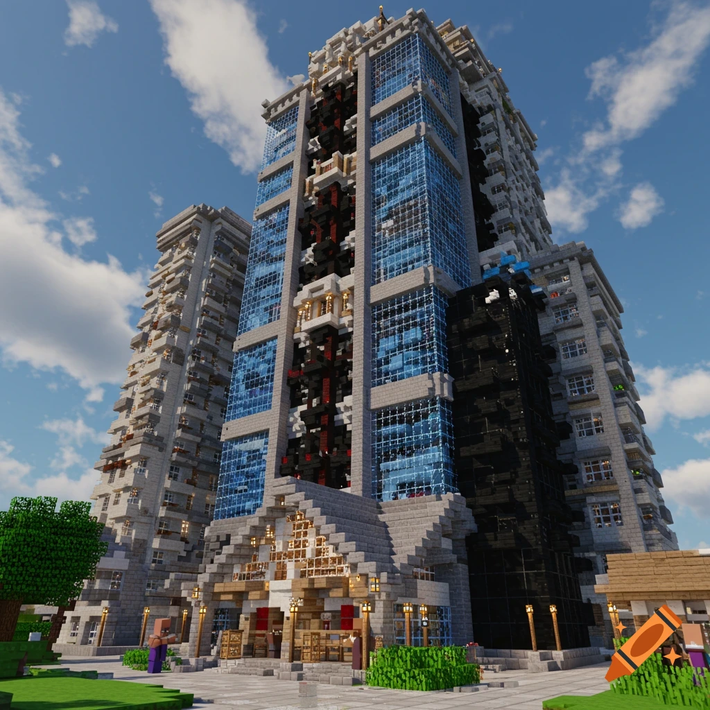 A detailed, blocky skyscraper and other buildings in the Minecraft video game style, viewed from a low angle.