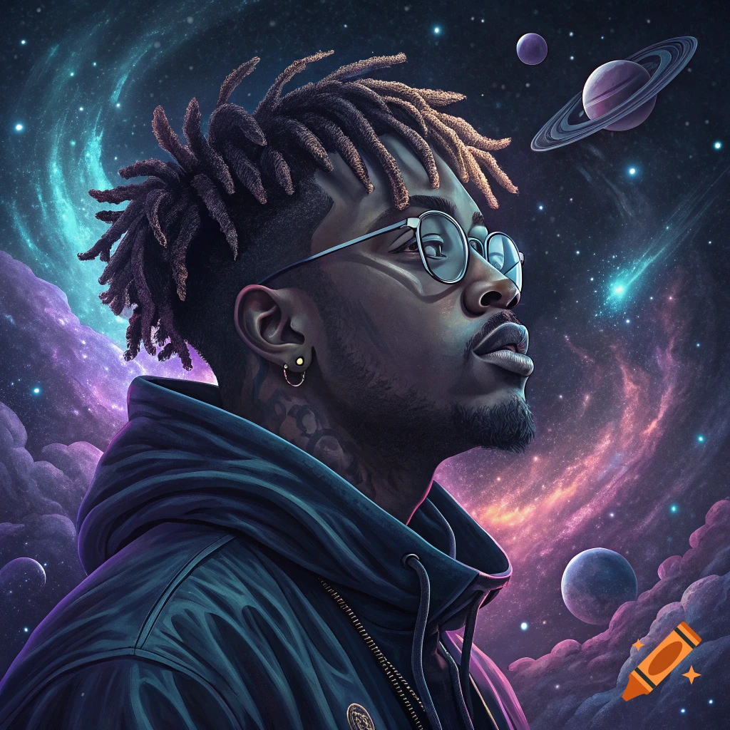 A man with dreadlocks and glasses looks up at a galaxy background with planets.