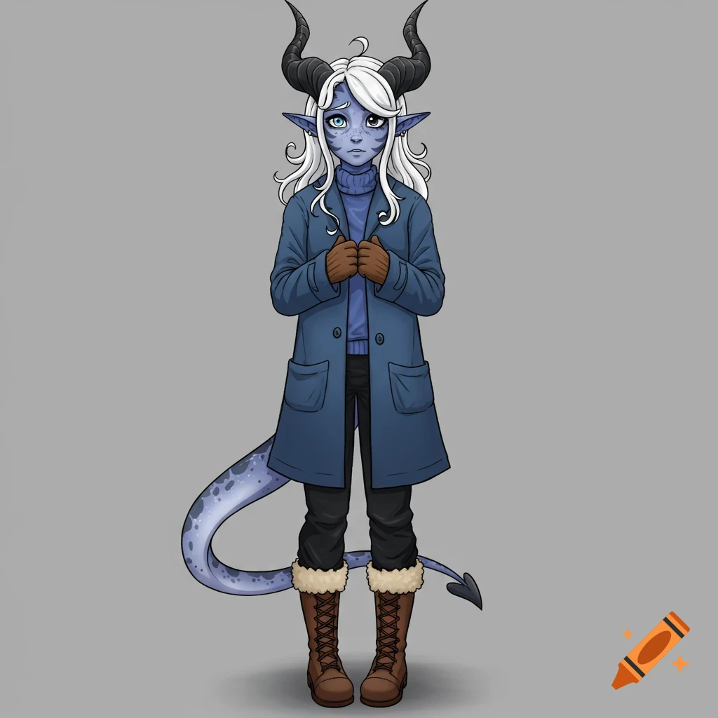 Full body illustration of a shy fantasy character with horns, tail, blue skin, white hair, and mismatched eyes, wearing a blue coat and boots.