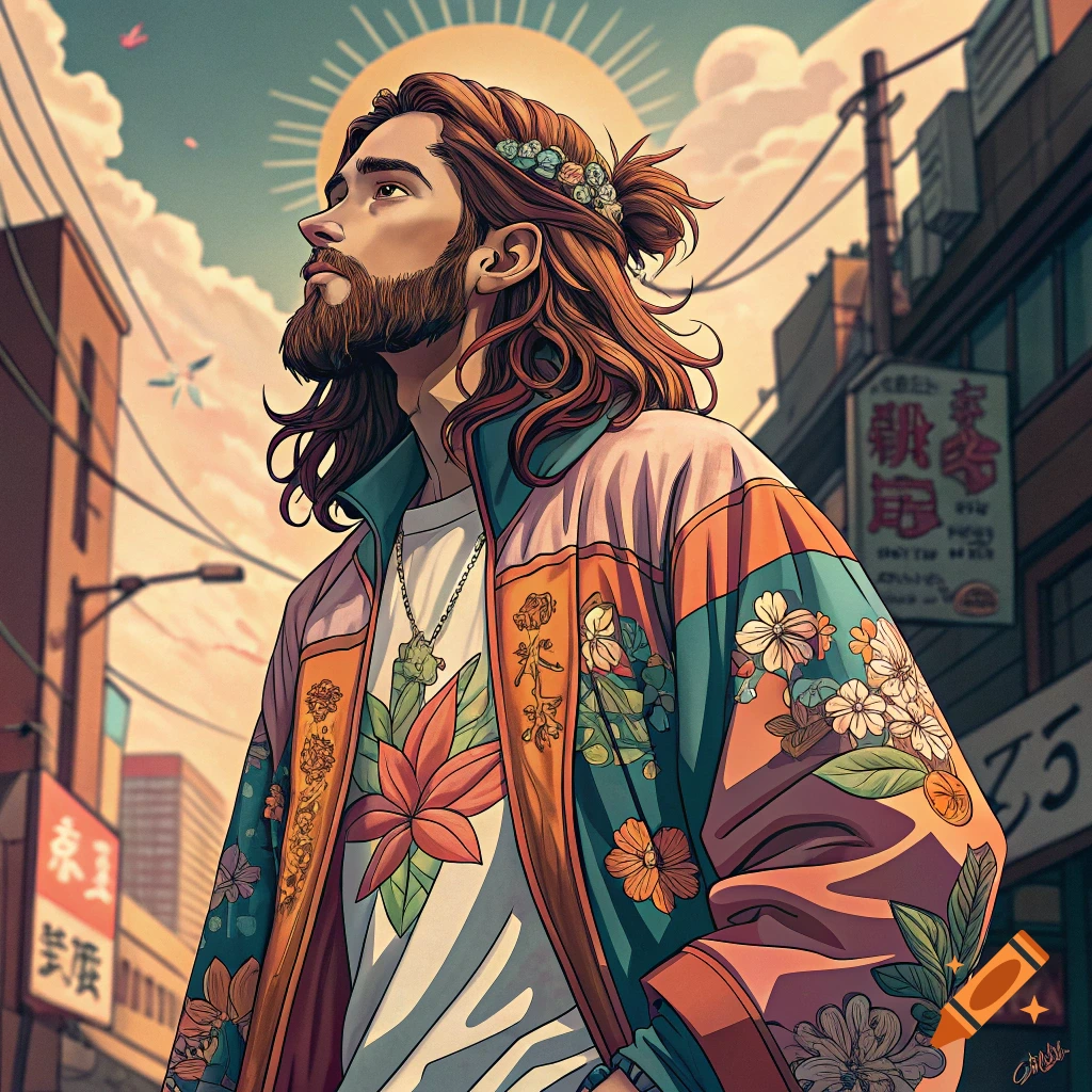 Stylized illustration of a man with long hair and beard looking up in an urban street scene.