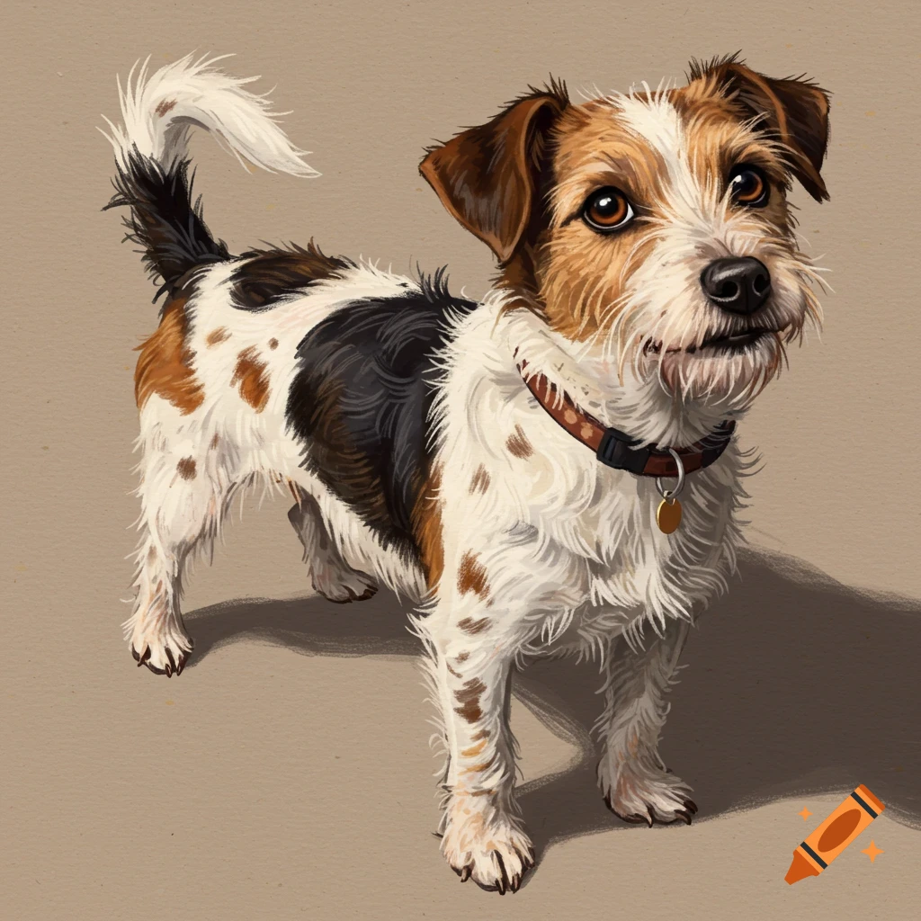 A small terrier mix dog with white, brown, and black patches, wearing a collar.