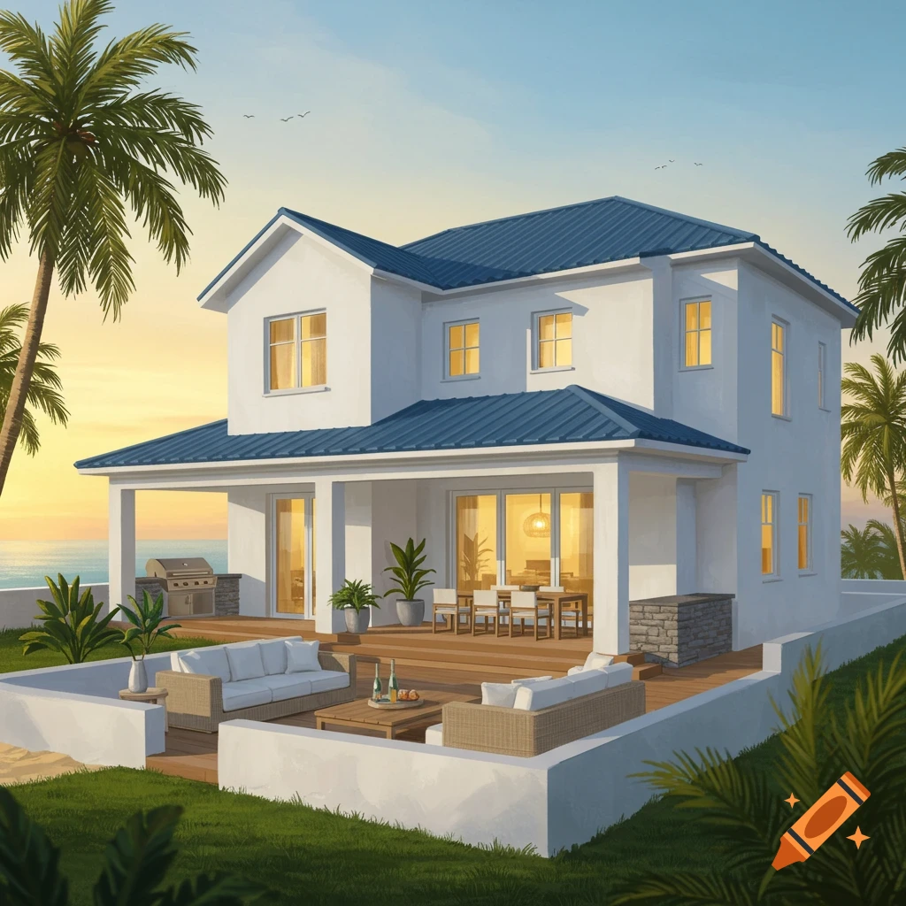 A coastal house with a blue roof and patio is surrounded by palm trees at sunset.