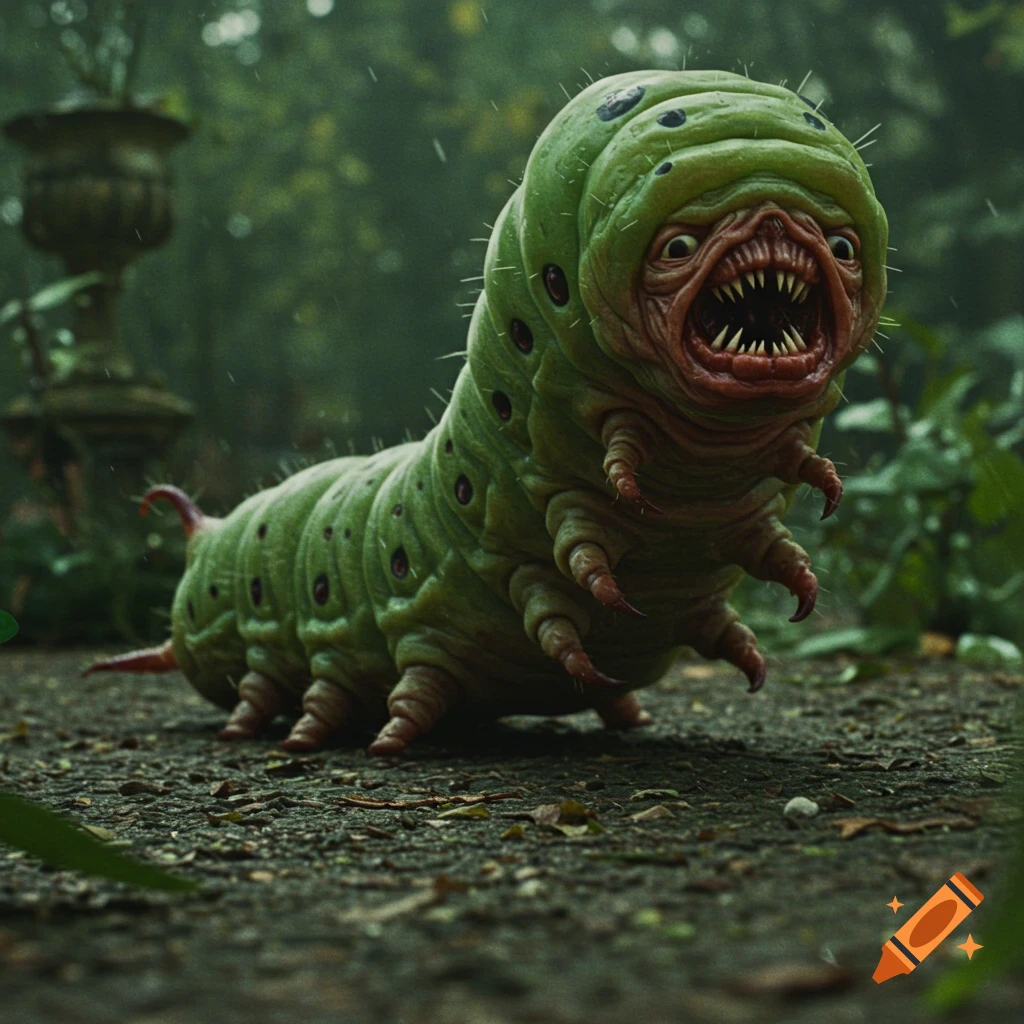 A grotesque green caterpillar with sharp teeth and claws in a forest.