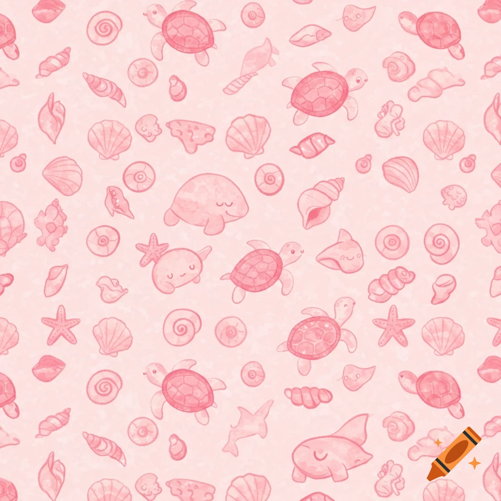 Seamless pink watercolor pattern of cute sea turtles, seashells, and sea creatures.
