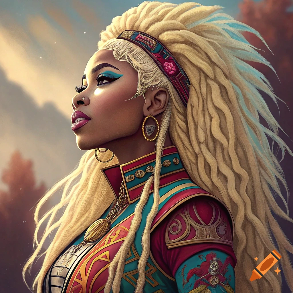 Stylized portrait of a woman with blonde dreadlocks and colorful jacket looking up at the sky.