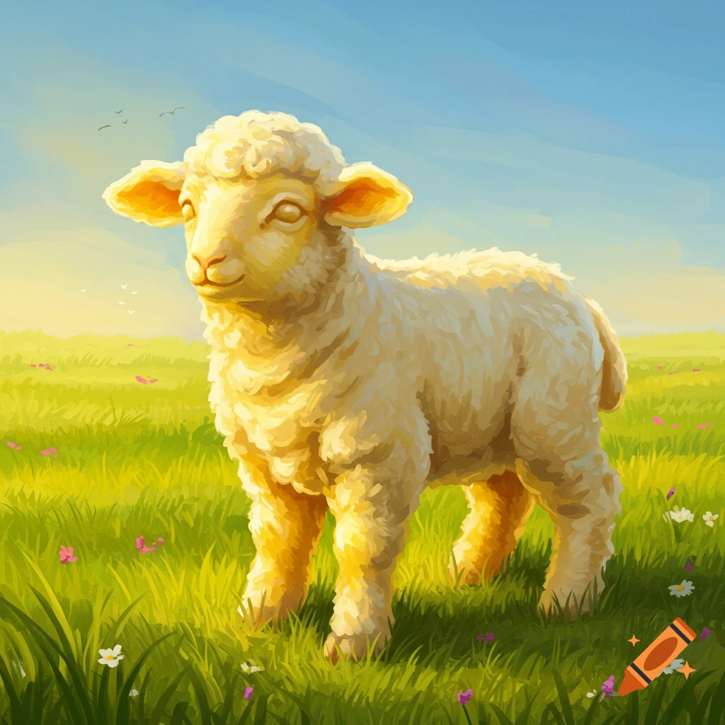 A fluffy lamb stands in a grassy field with flowers under a bright sky.