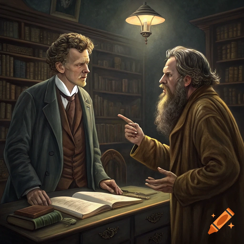 Two men in historical clothing discuss or argue in a library with bookshelves.