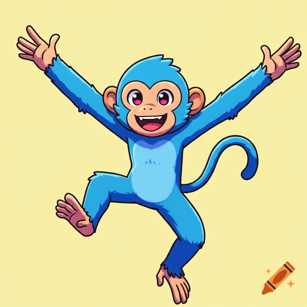 A cartoon blue monkey with arms and legs spread out, smiling against a yellow background.