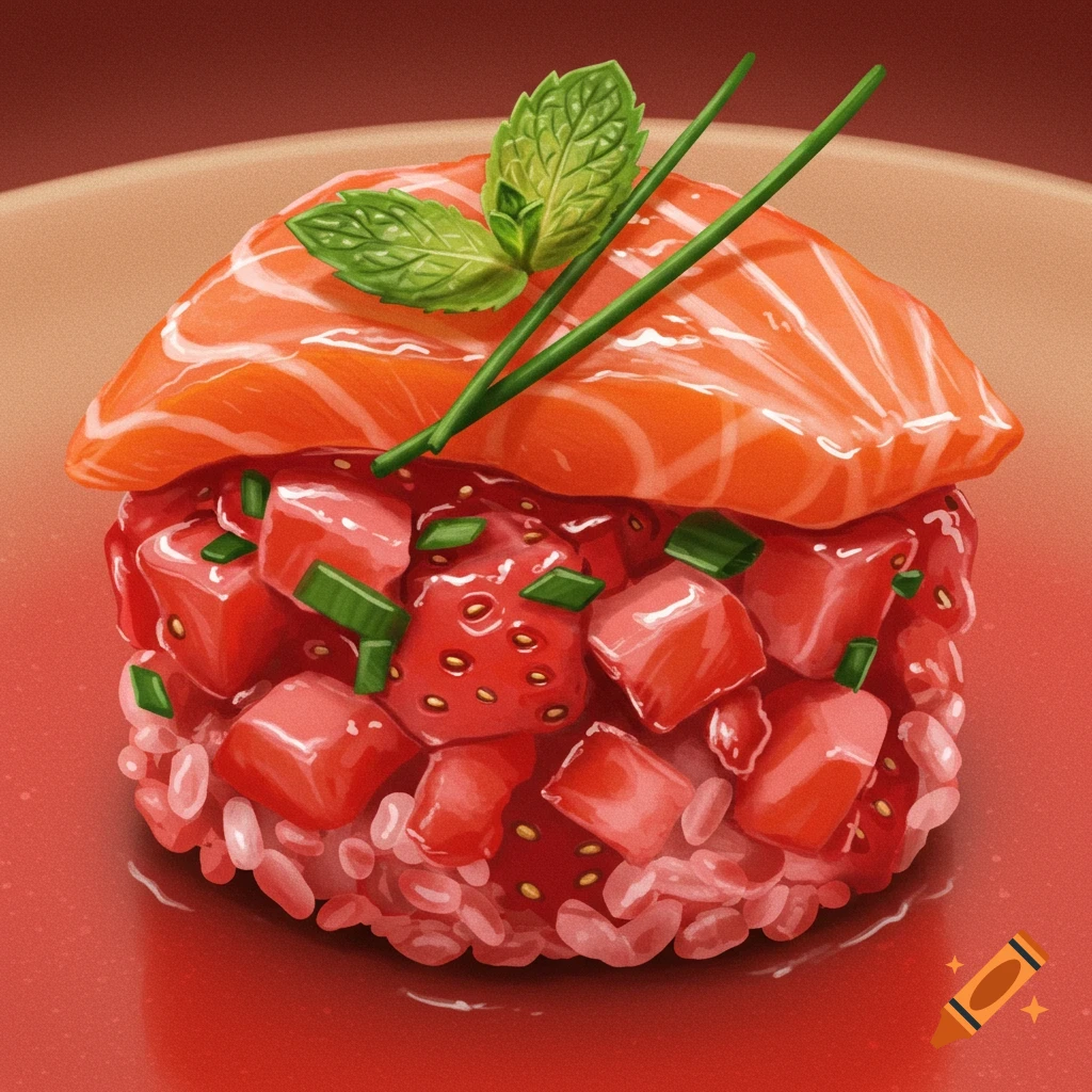 Salmon and strawberry tartare resembling nigiri in red sauce, garnished with herbs.