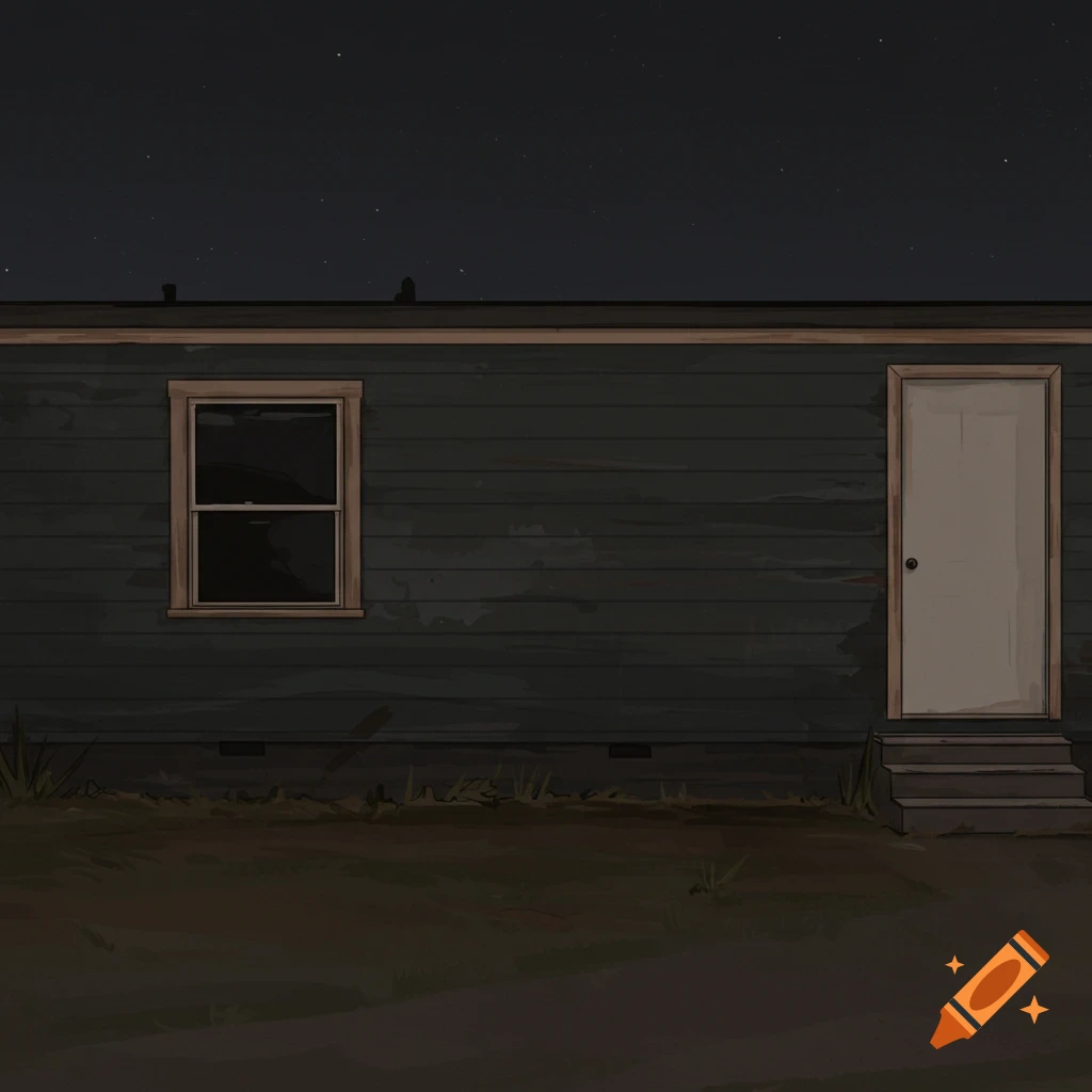 Dark gray mobile home at night with one window and a door.