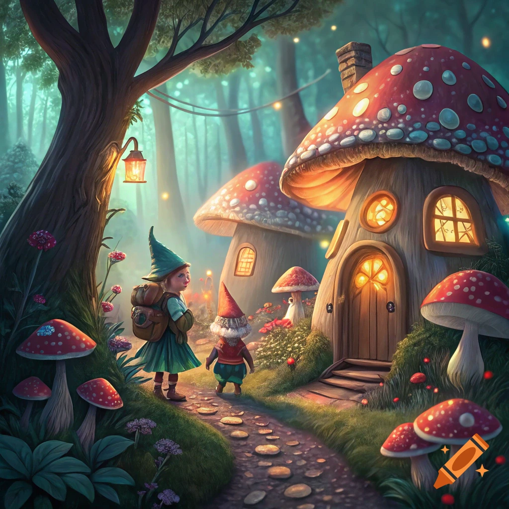 Two gnomes on a path leading to glowing mushroom houses in a magical forest