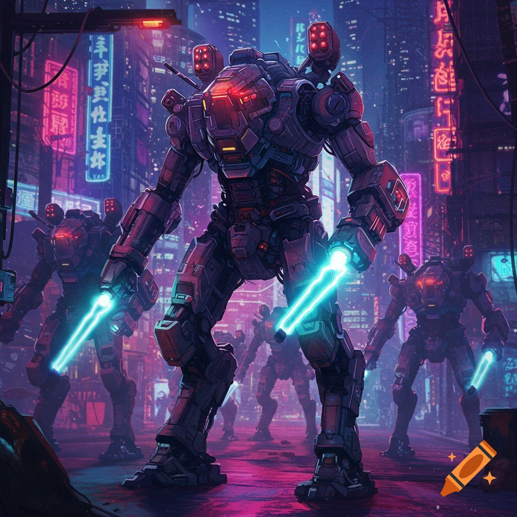 Large exo mechs standing on a cyberpunk city street at night with neon lights.