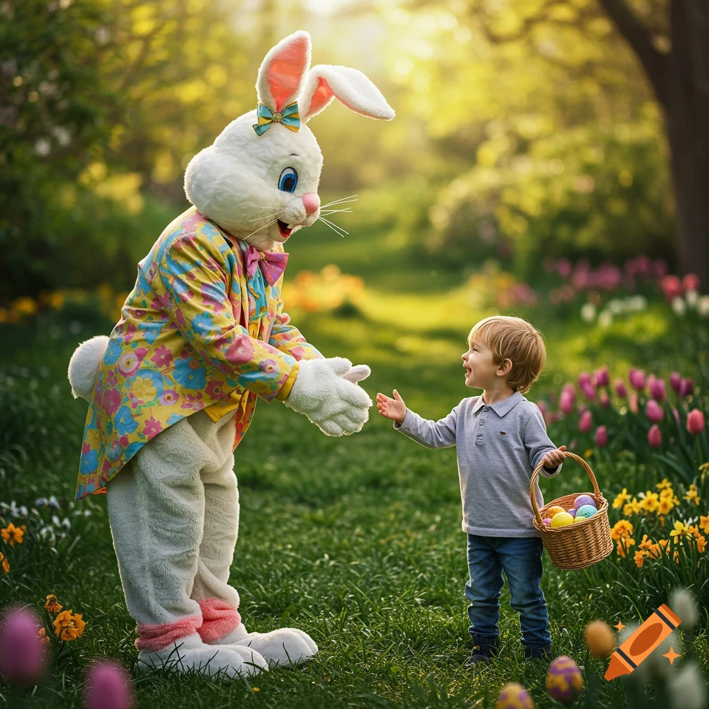Easter Bunny greets a child with an egg basket in a sunny garden.
