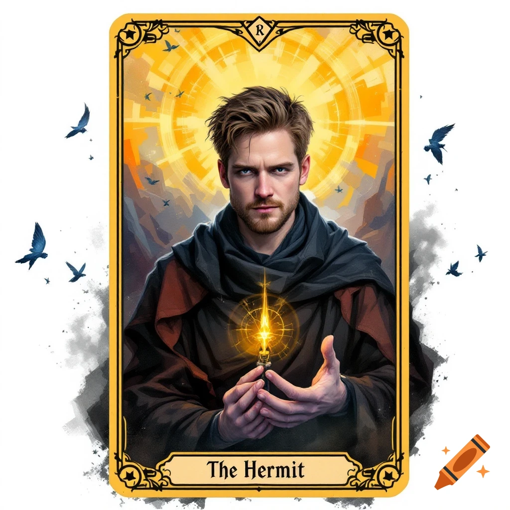 An illustration of The Hermit tarot card featuring a man in a cloak holding a glowing lantern.