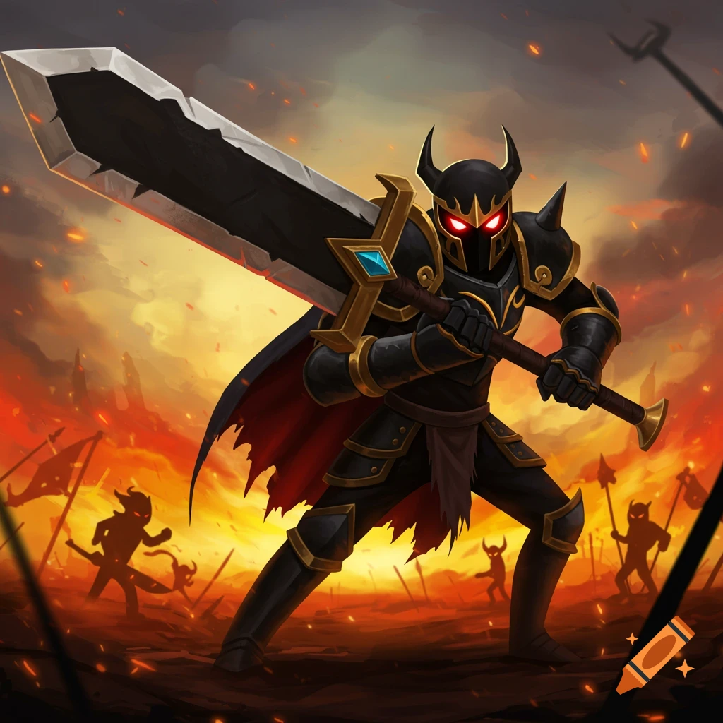 A black-armored warrior with red eyes holding a large sword on a fiery battlefield with silhouetted figures.