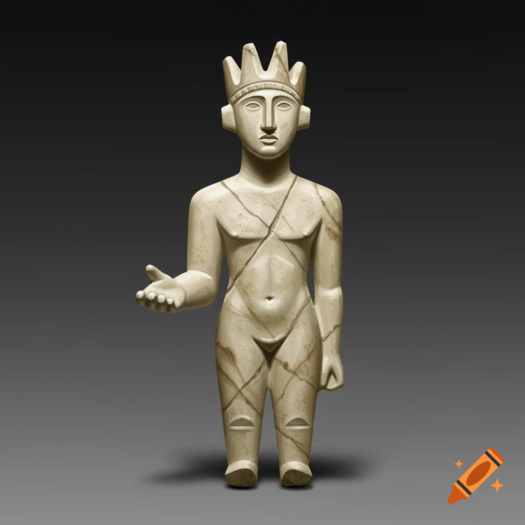 A minimalist ancient marble statue with a crown and extended hand, in Cycladic art style.
