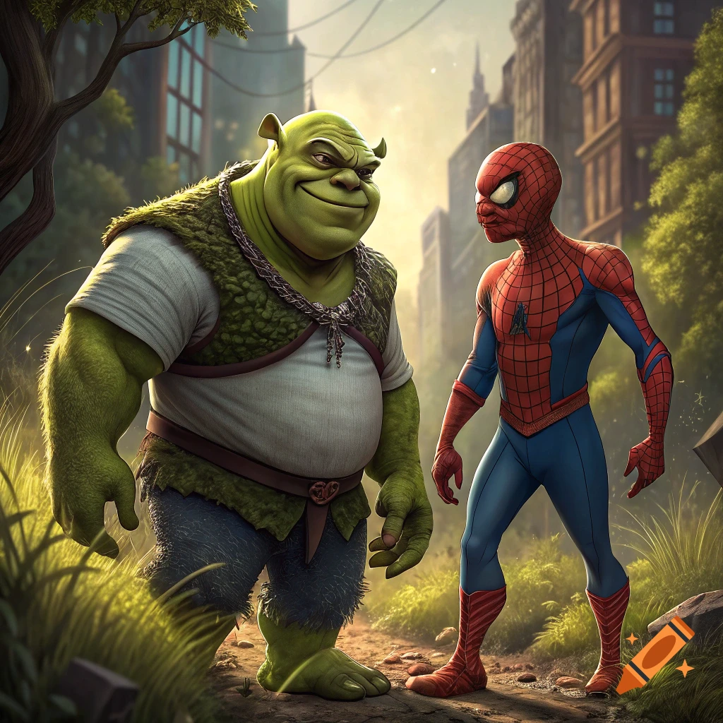 Shrek and Spider-Man standing in a park with city buildings in the background.