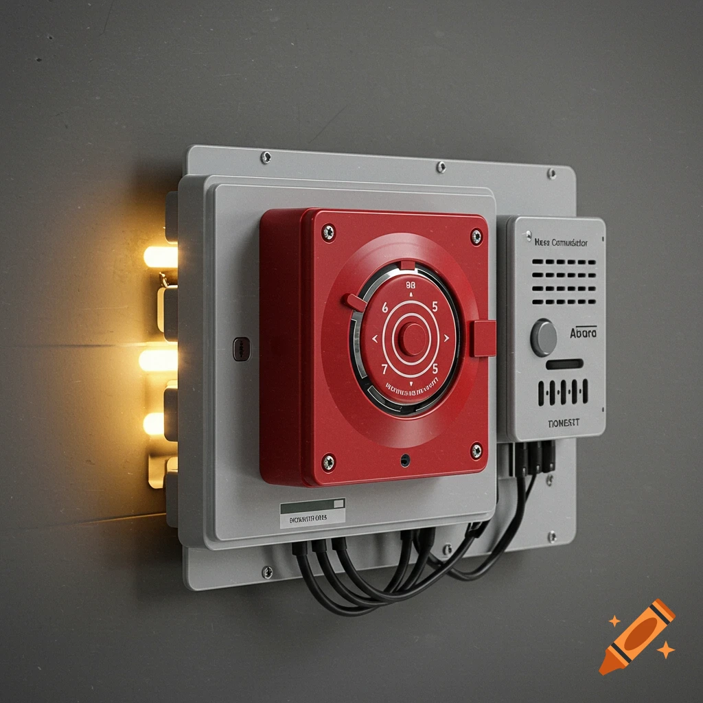 Close-up of a wall-mounted technical control panel with a red dial, gray communicator, and glowing lights.