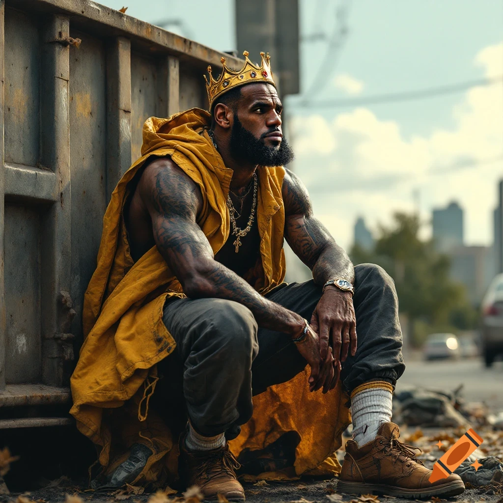 Man resembling Lebron James with a crown sits by a dumpster in a street.