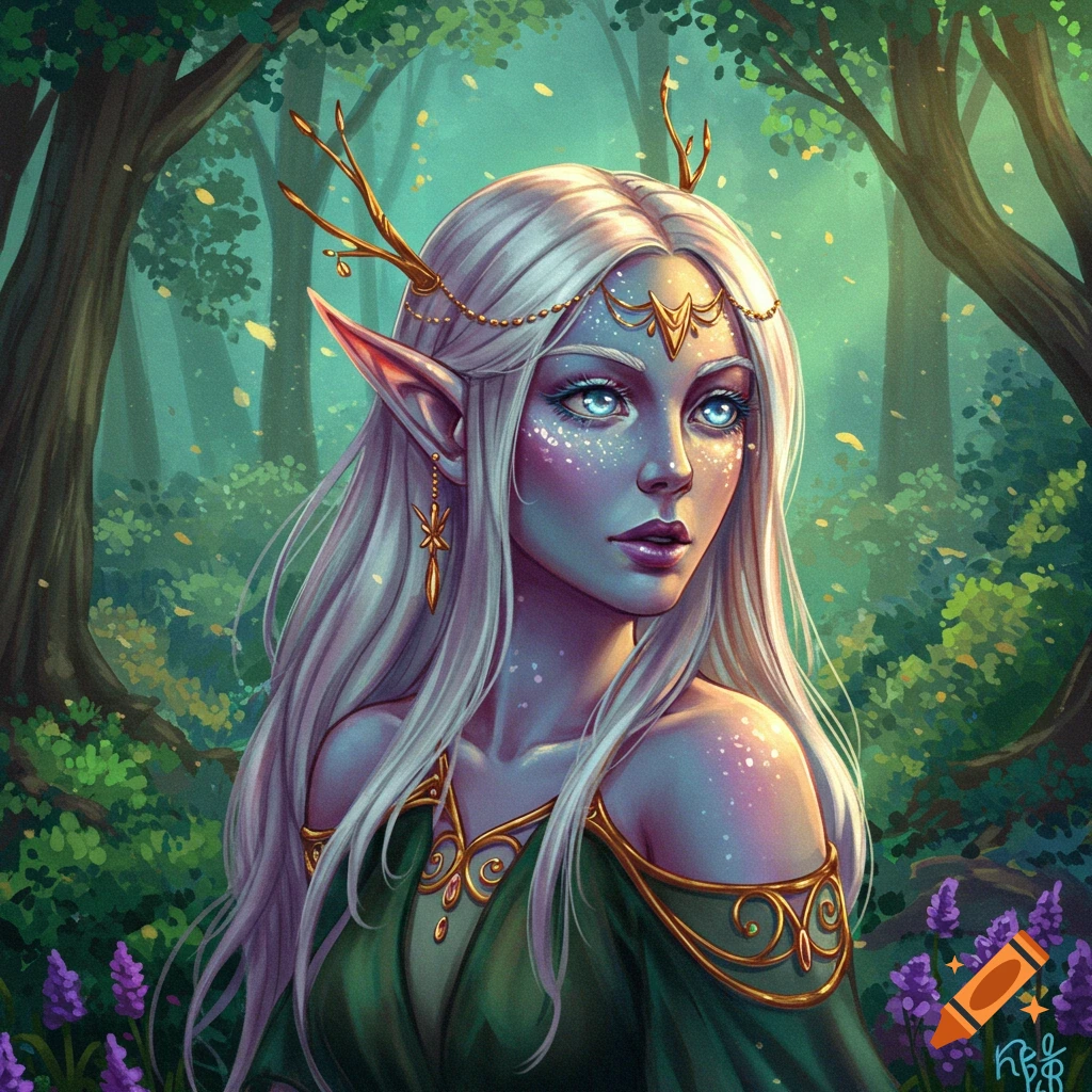 an Eladrin Elf with white hair and glowing blue eyes in a forest.