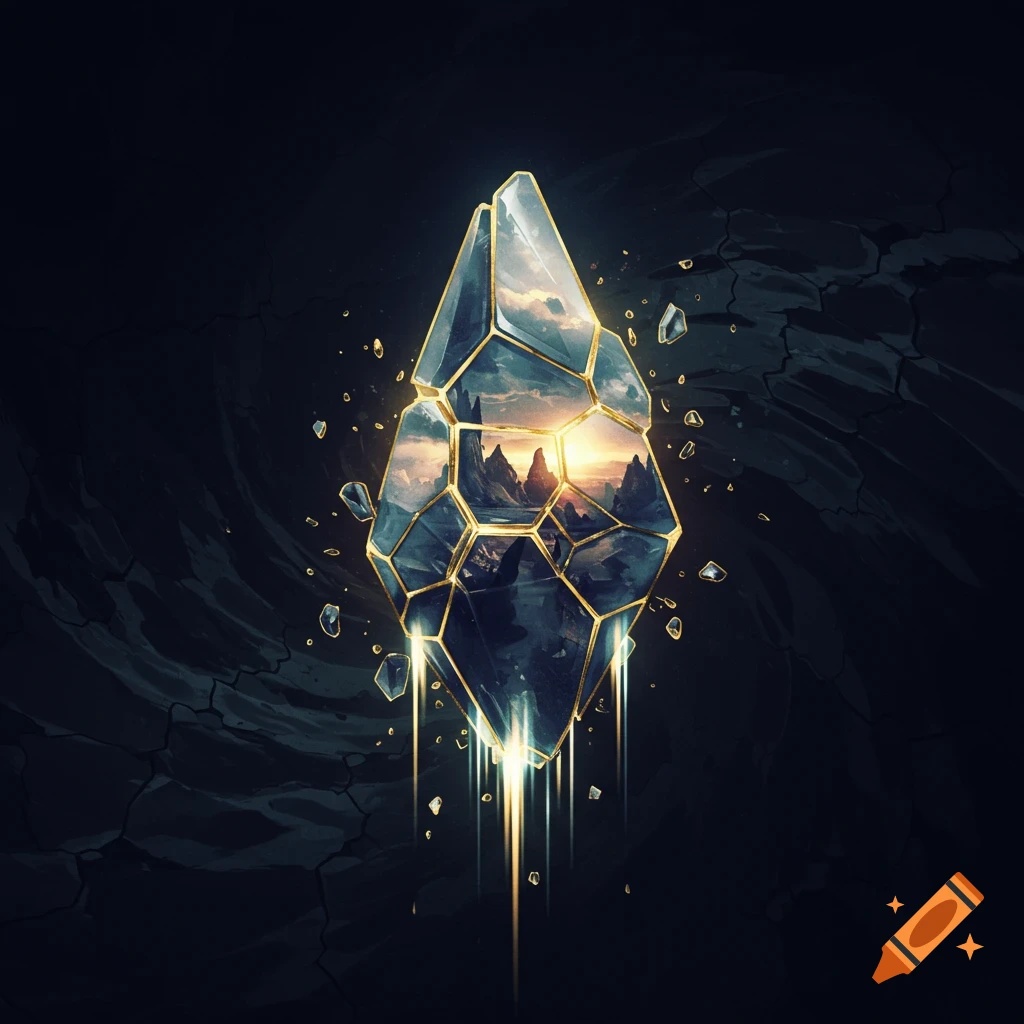A surreal scene featuring a crystal shard reflecting a landscape, surrounded by glowing light in a dark void.