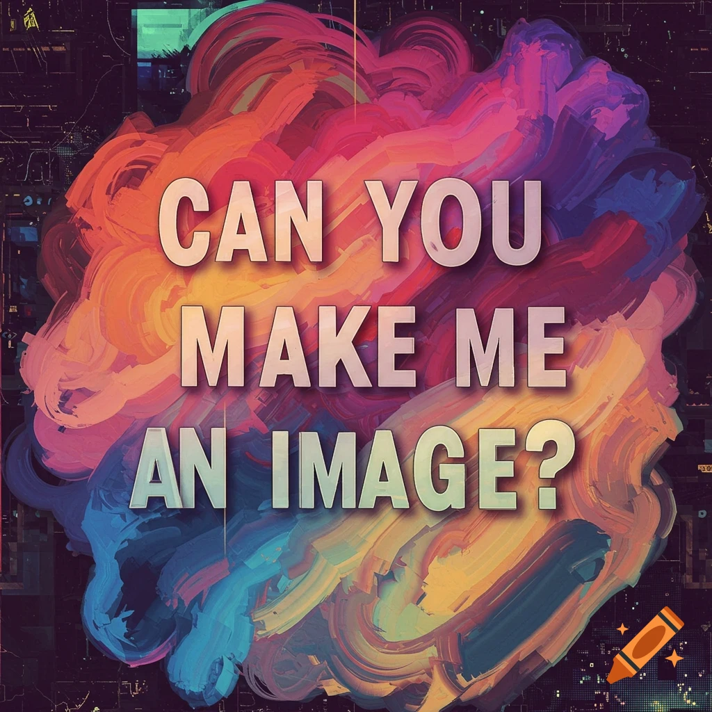 Text "CAN YOU MAKE ME AN IMAGE?" over a vibrant abstract background.
