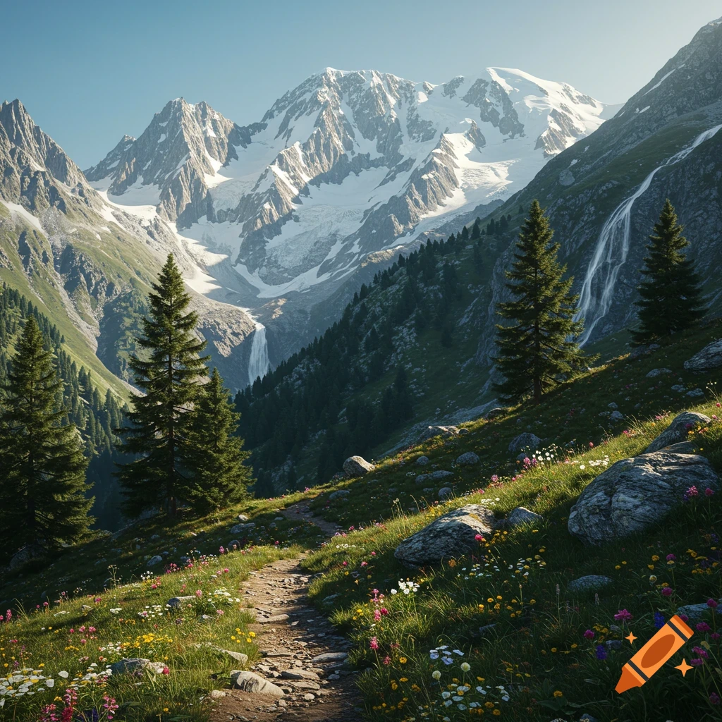 Mountain path through a flowery meadow towards snow-capped peaks and waterfalls in a photorealistic style.