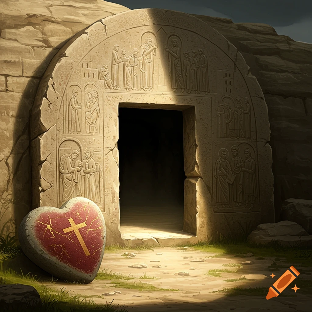 An empty stone tomb entrance with carvings, and a large heart-shaped stone with a cross symbol in front.