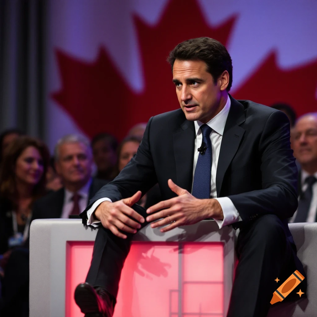 Man in suit speaks at event with Canadian flag backdrop